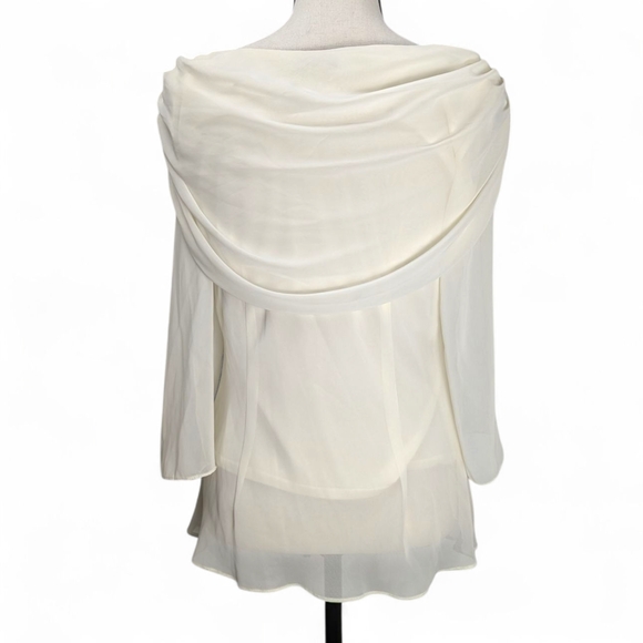 MSK Blouse Off-Shoulder Chiffon Top Cream Silver Tone Flower Brooch Womens Large - Picture 4 of 12